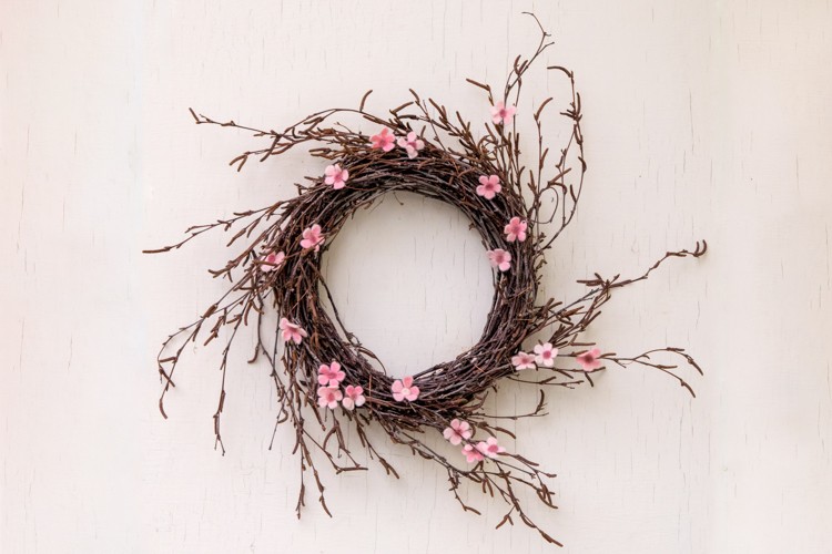 DIY Spring Wreath Birch Branches and Felt Cherry Blossoms